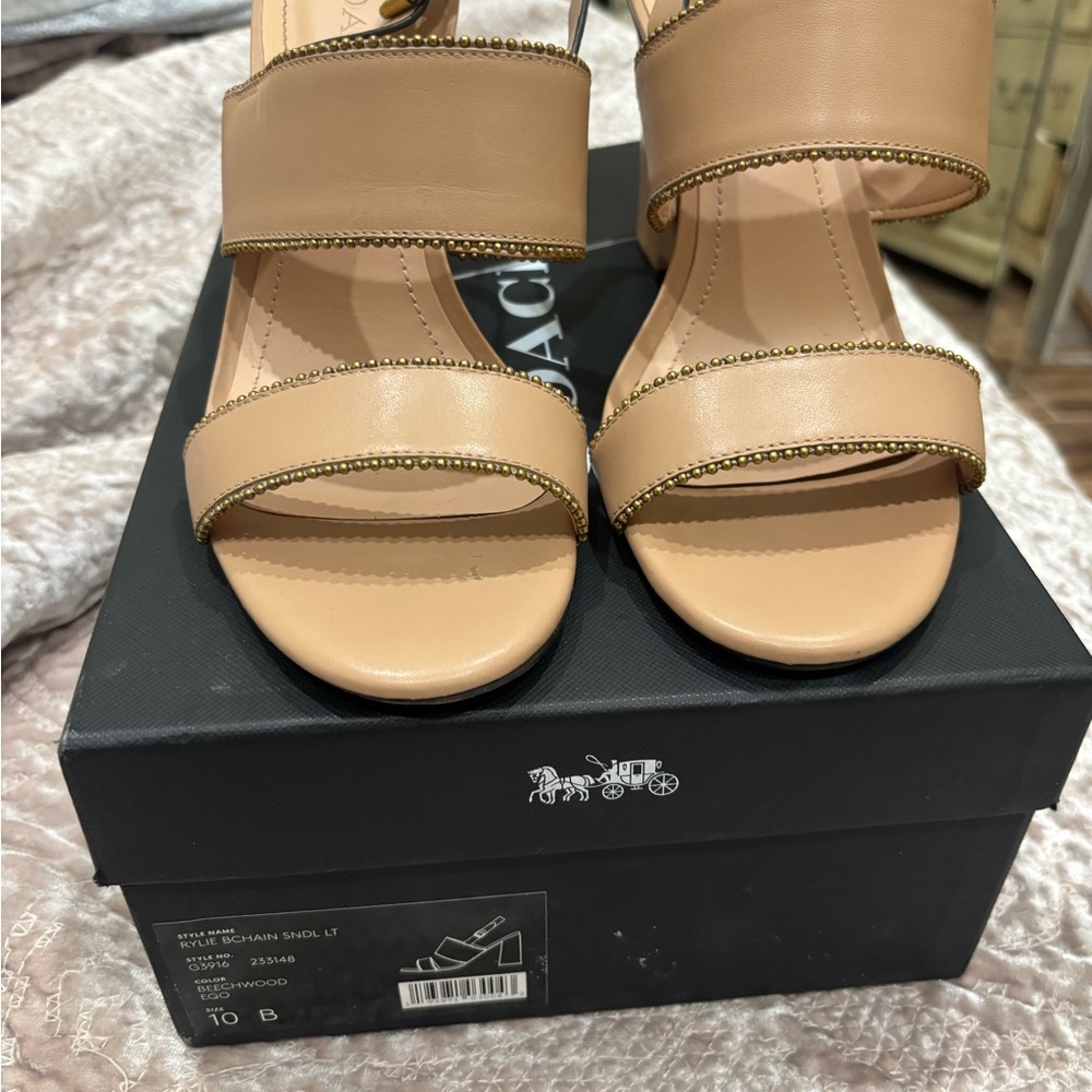 Coach Nude/Tan Leather Stud-Trim Sandals